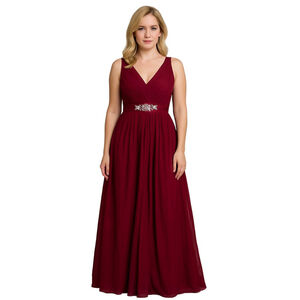 Lu Fashions Burgundy Embellished Formal Chiffon Maxi Evening Dress - Medium